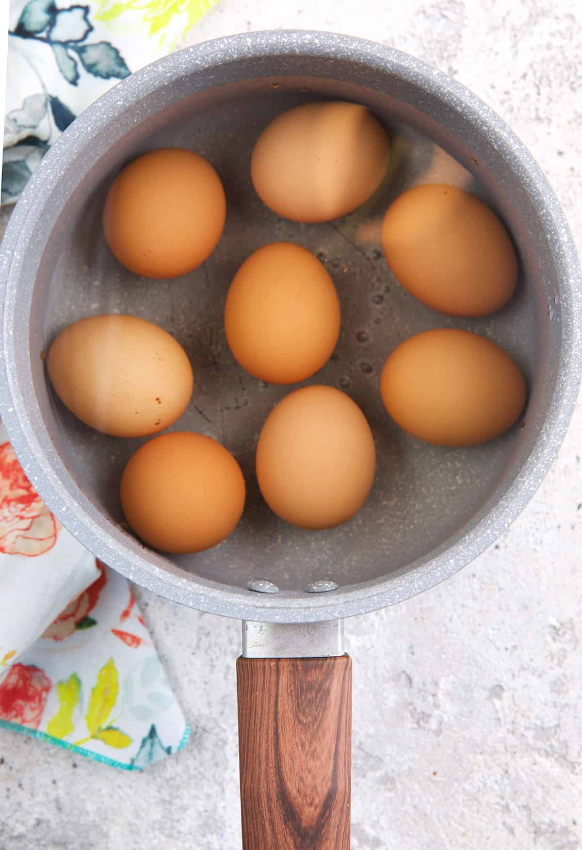 Several eggs are placed in a pot of water. 