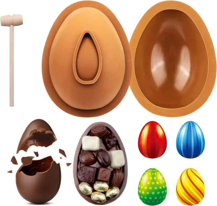 Silicone Easter Egg Mold with a chocolate egg filled with candy.