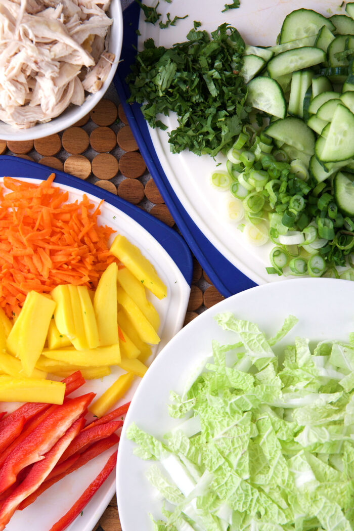 Ingredients for Thai Chicken Salad on plates