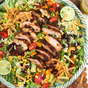 Santa fe chicken salad is plated on a large serving dish.
