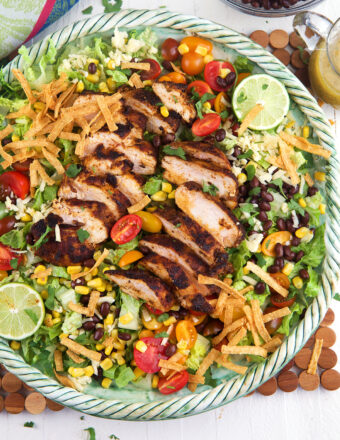 Santa fe chicken salad is plated on a large serving dish.
