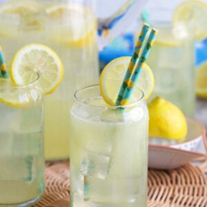 3 glasses of lemonade on a wicker placemat.