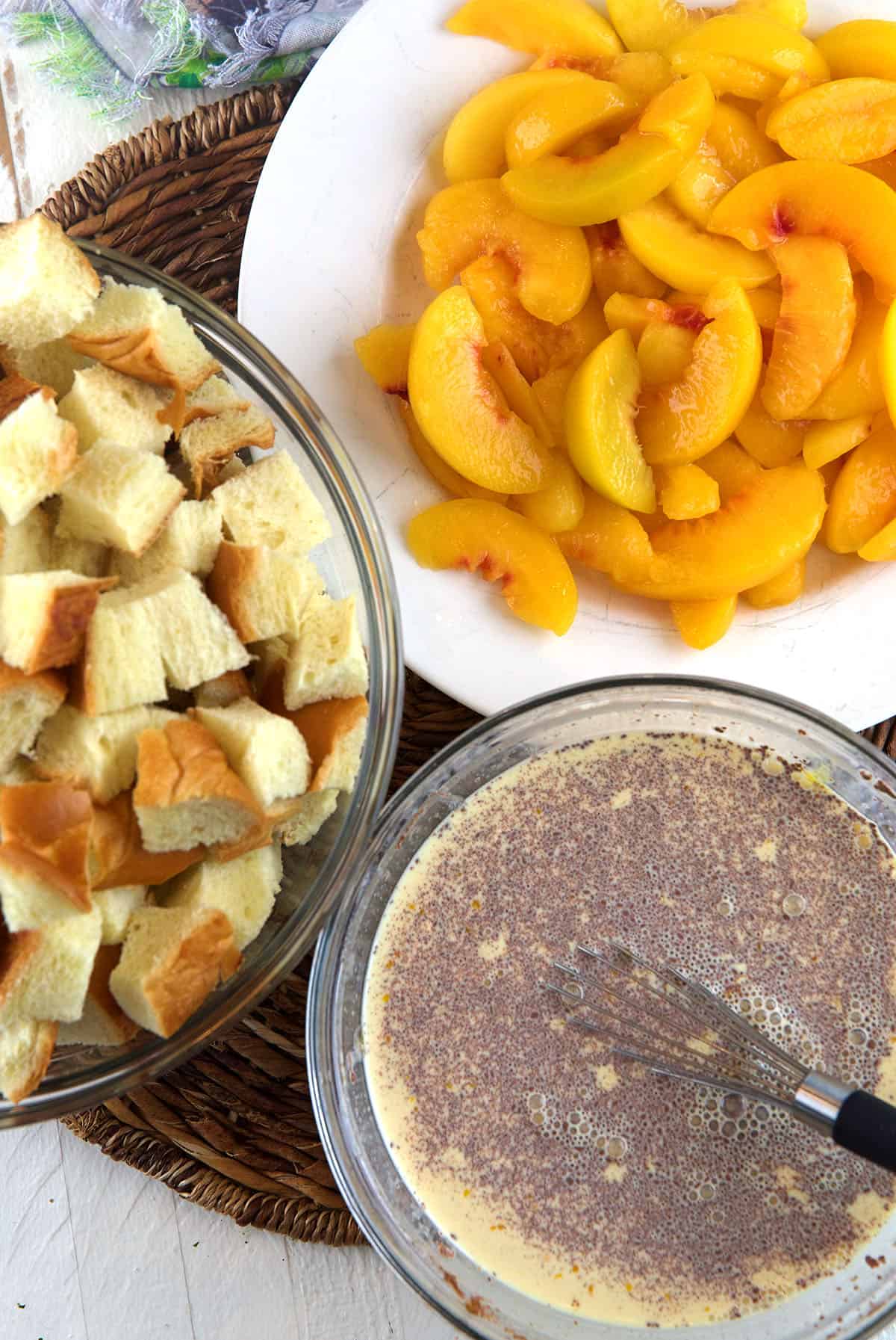 The ingredients for peach french toast bake are presented. 