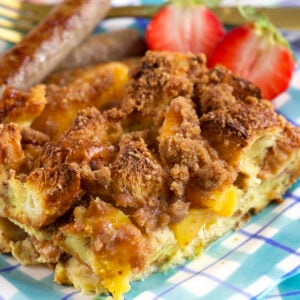 A single slice of french toast bake is on a plate.