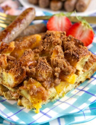 A single slice of french toast bake is on a plate.