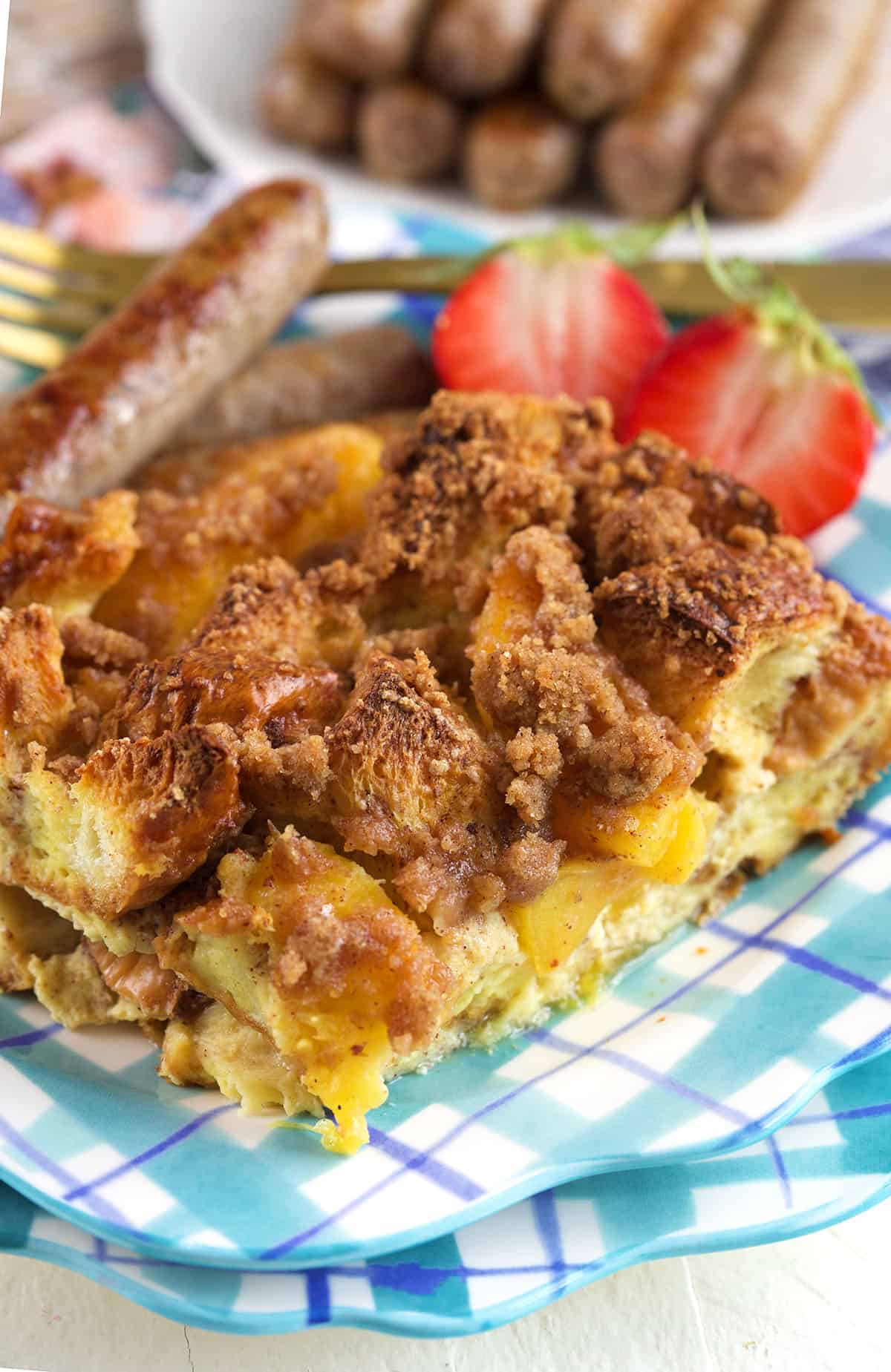 A single slice of french toast bake is on a plate. 