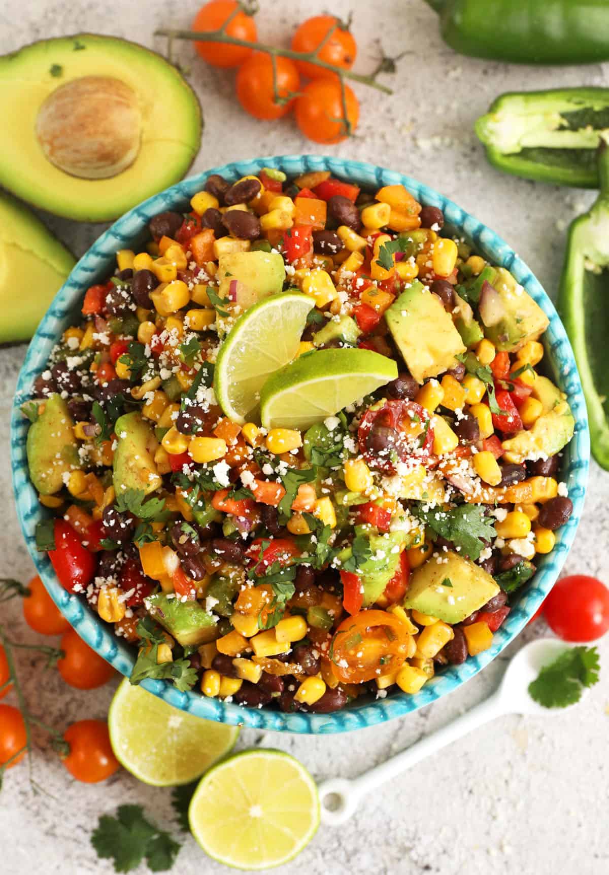 Overhead view of black bean salad in serving bowl