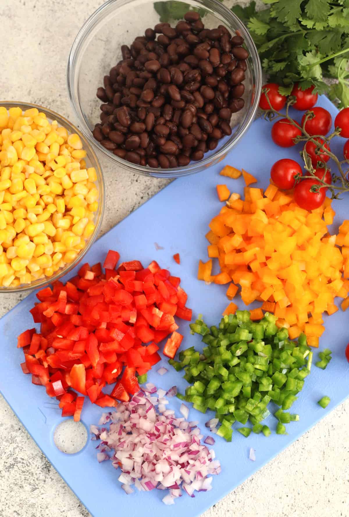 Overhead view of ingredients for black bean salad