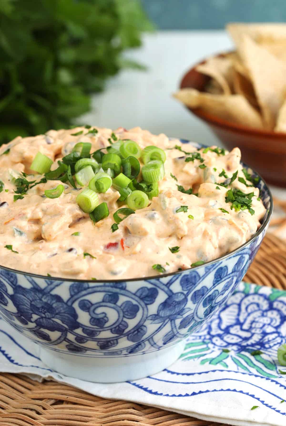 Bowl of boat dip with green onions for garnish