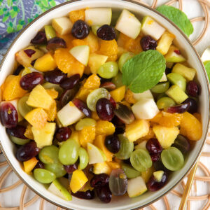 Overhead view of fruit cocktail in serving bowl