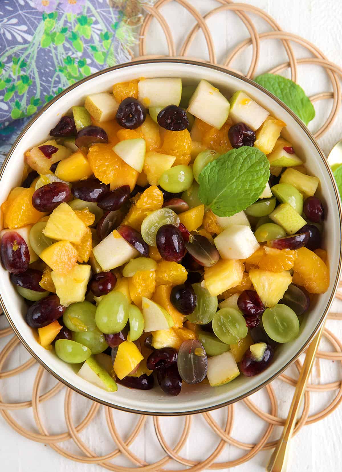 Overhead view of fruit cocktail in serving bowl