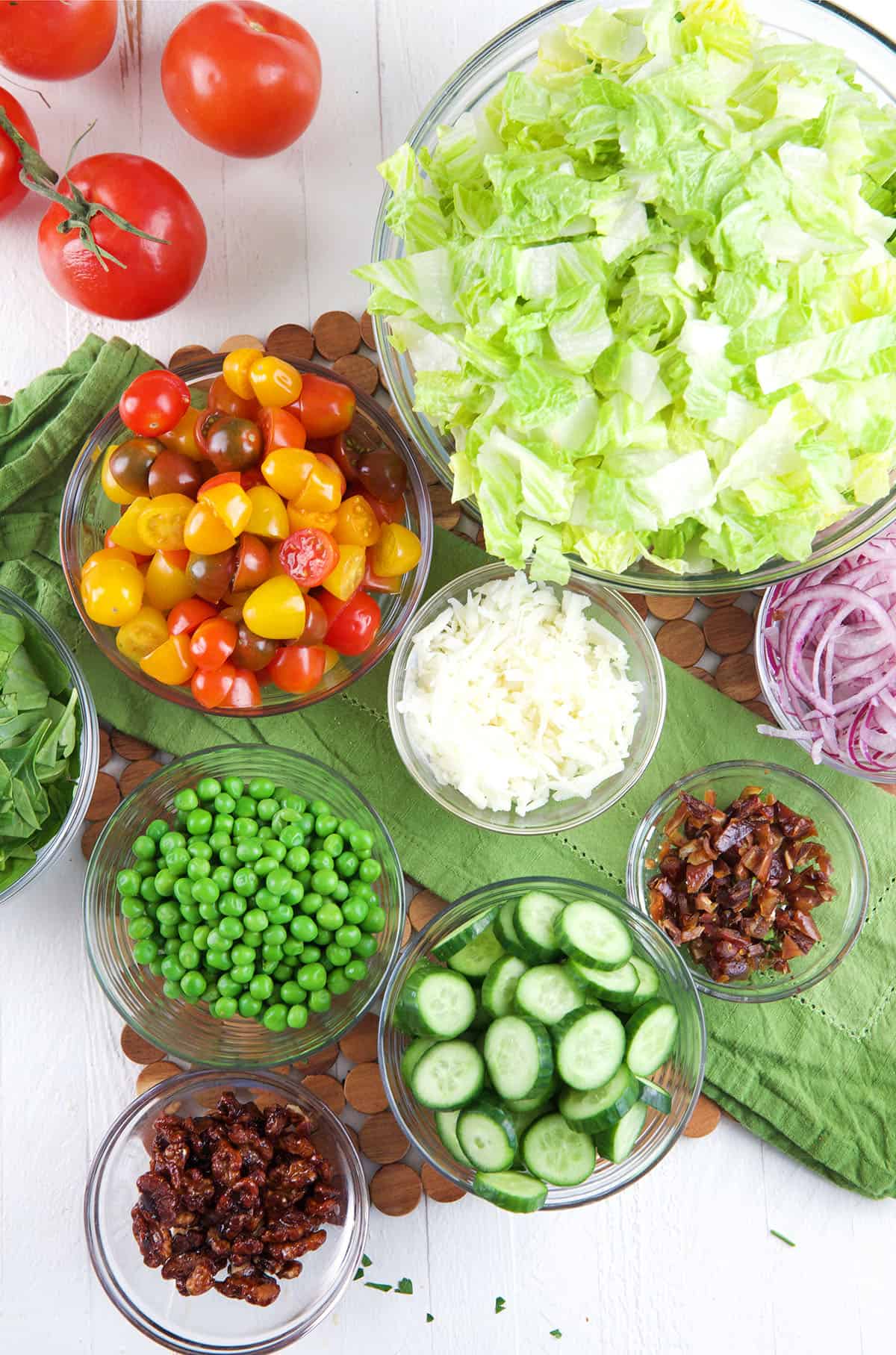 Overhead view of ingredients for house salad