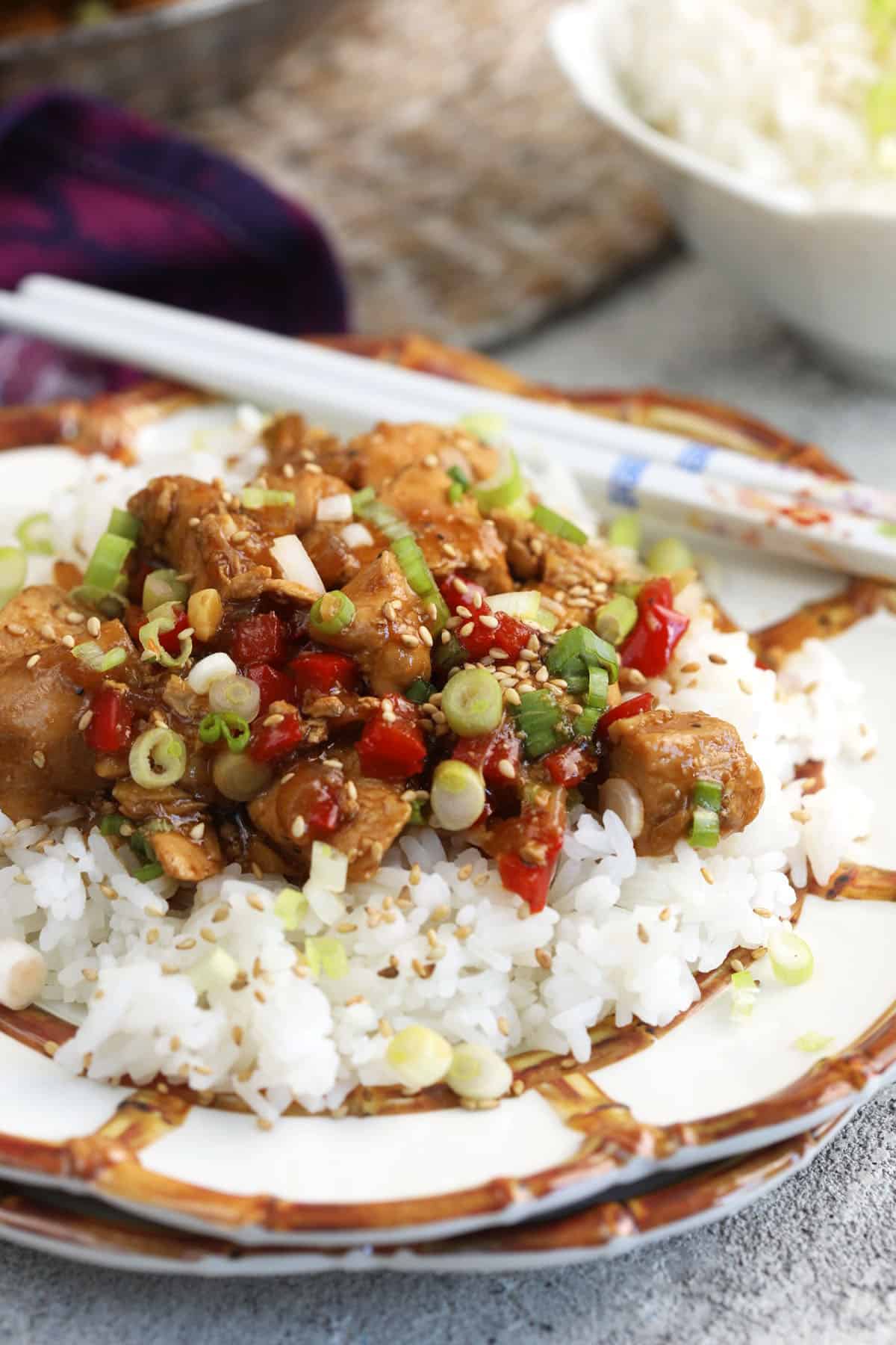 Mongolian chicken on plate with white rice