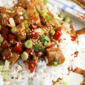 Mongolian chicken served over white rice