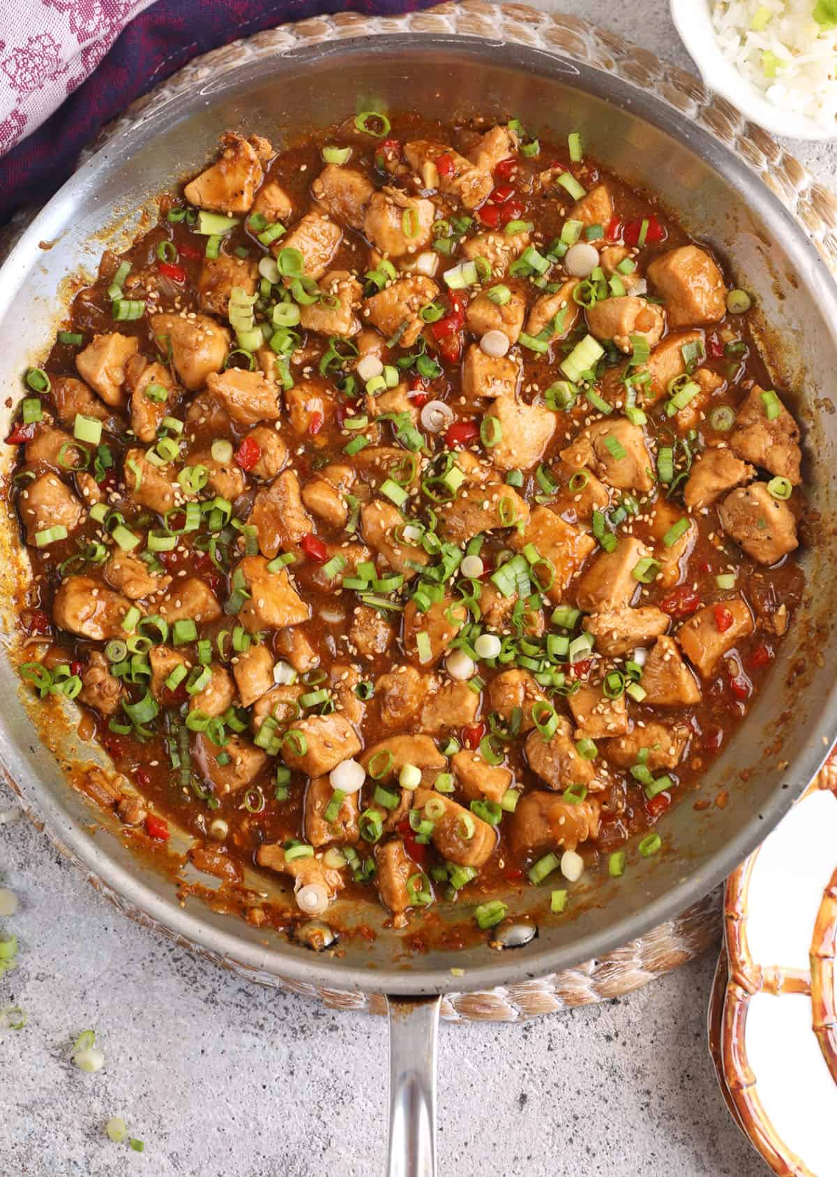 Overhead view of Mongolian Chicken in skillet