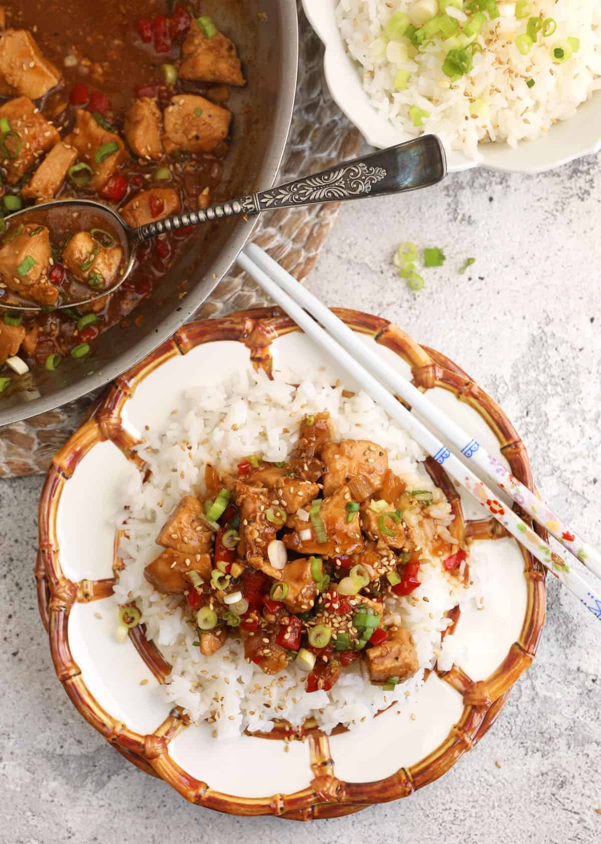 Overhead view of Mongolian chicken on plate with white rice