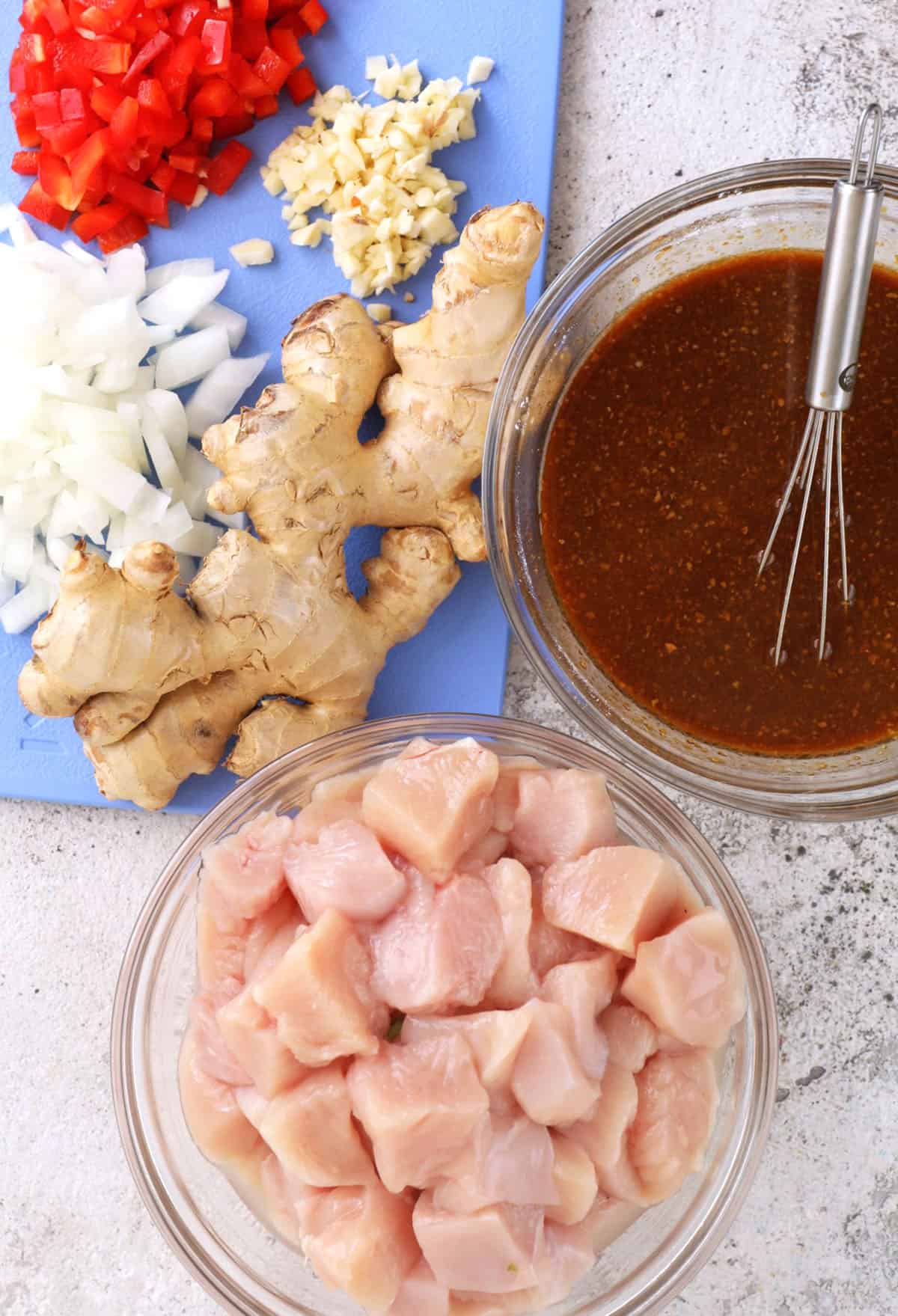 Overhead view of Mongolian chicken ingredients