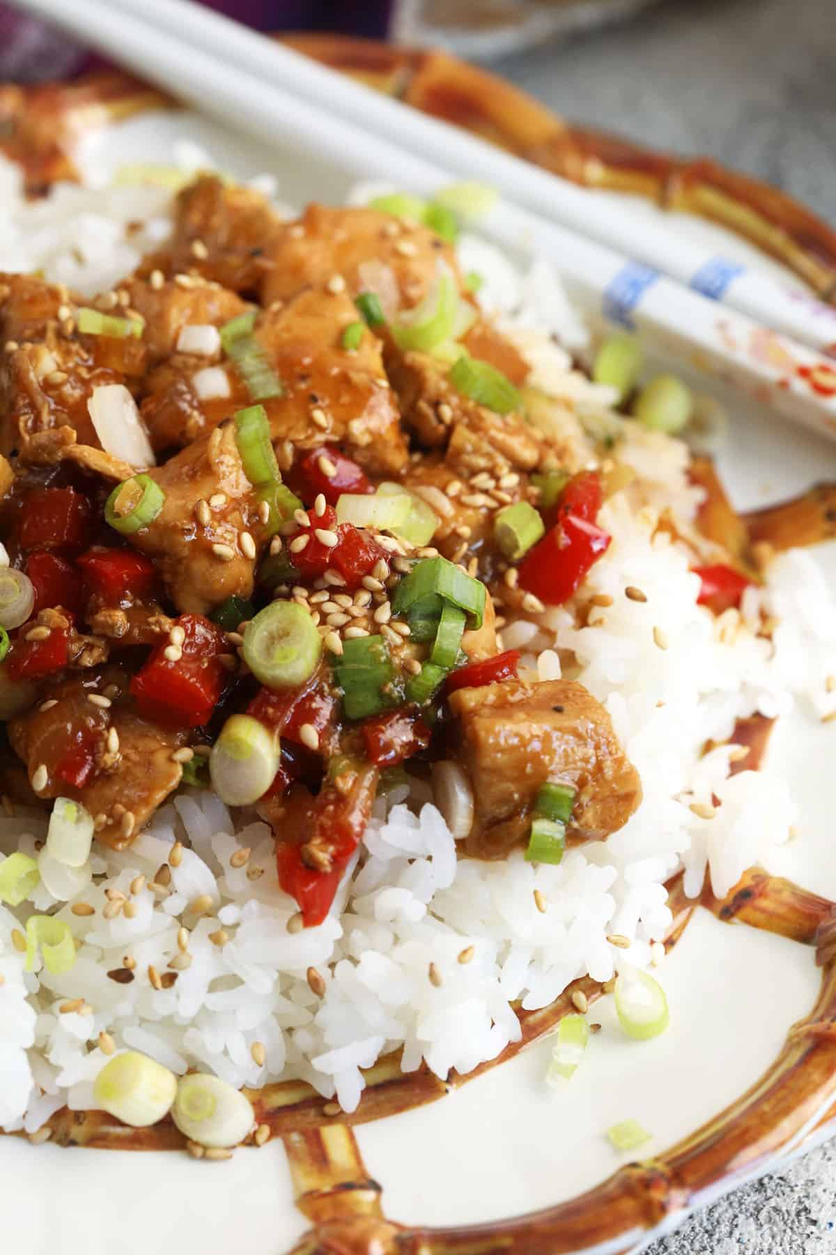 Mongolian chicken served over white rice