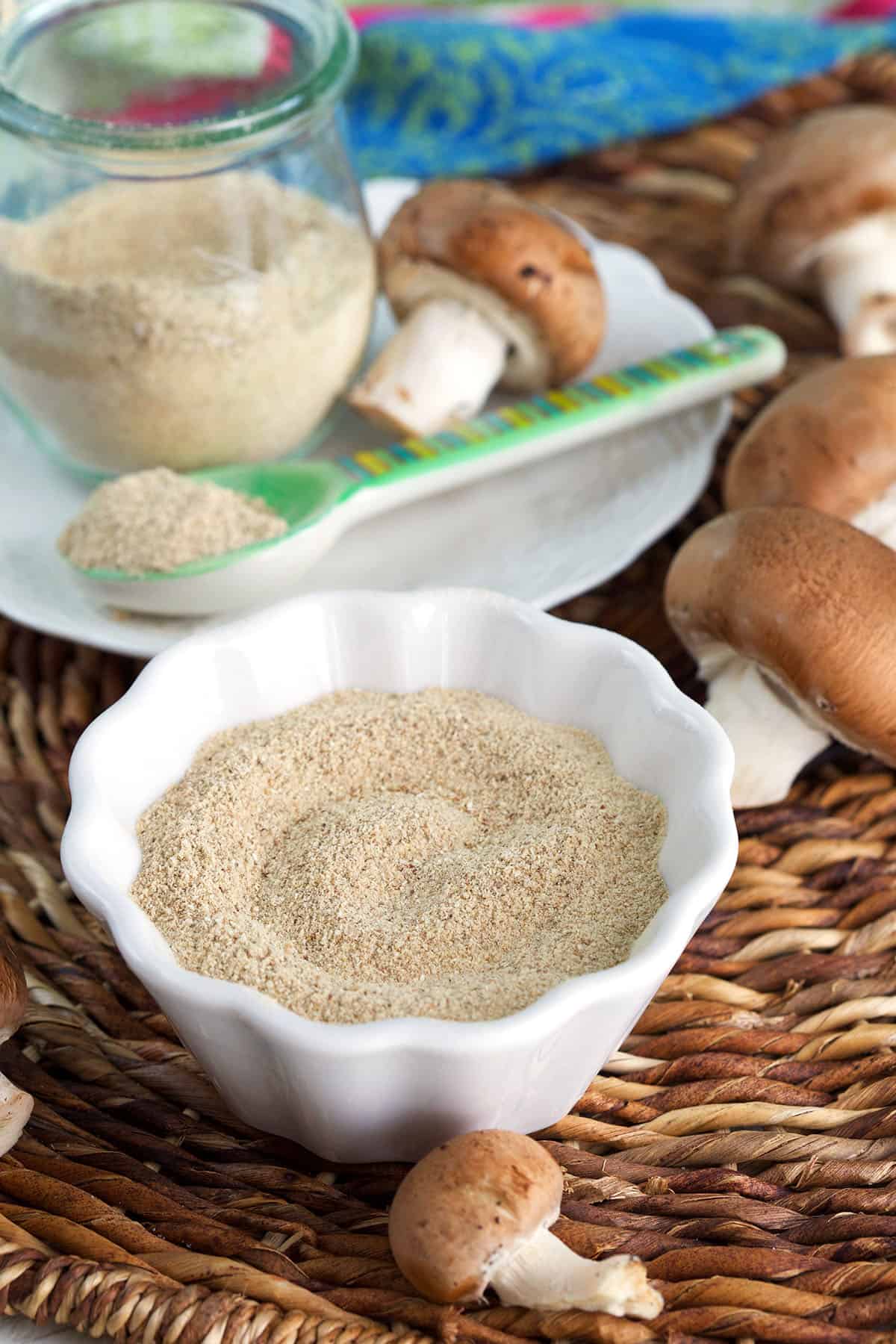 Bowl of mushroom powder, with additional powder in jar in background