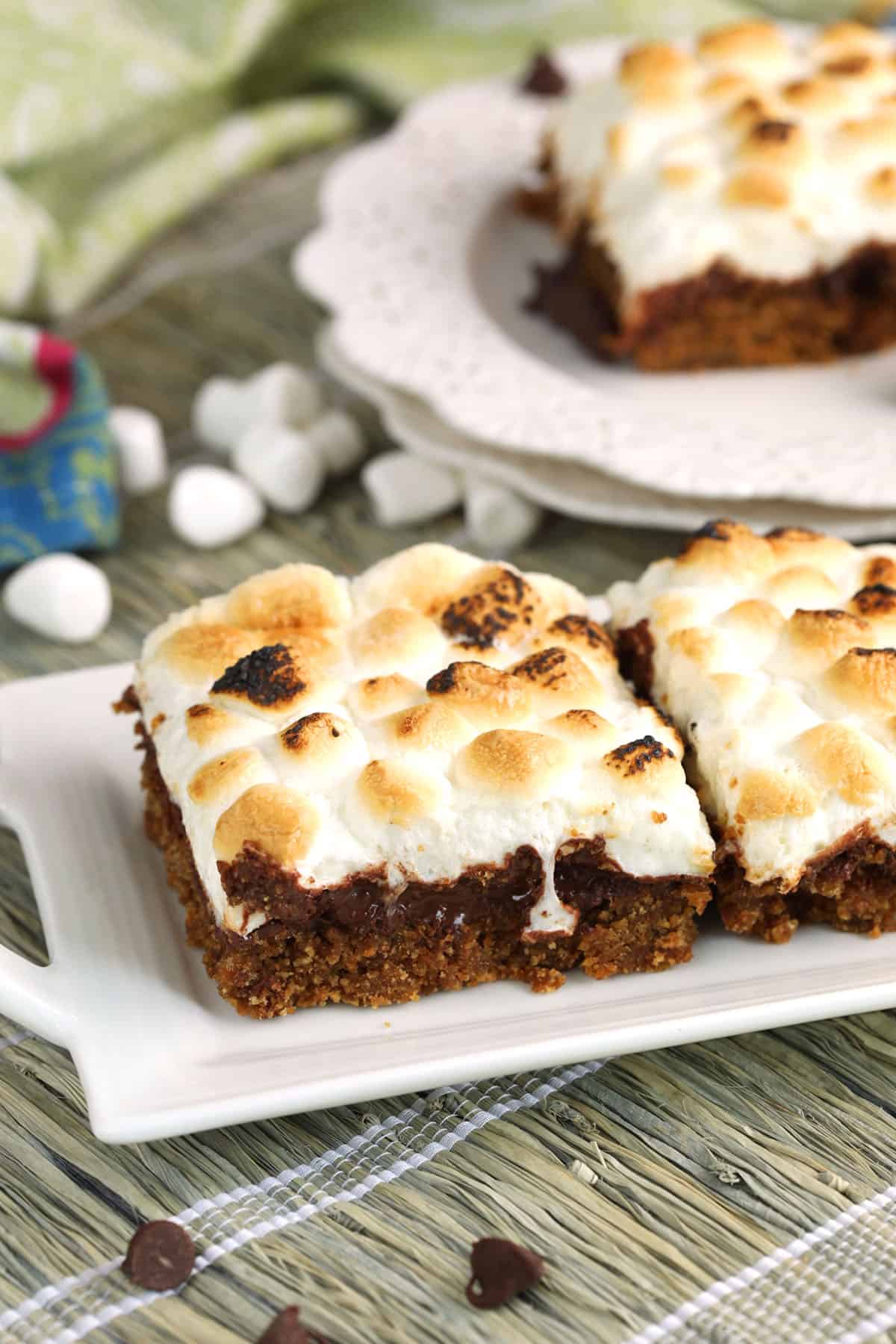 S'mores Cookie Bars on a white platter 