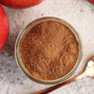 Overhead view of apple pie spice in jar