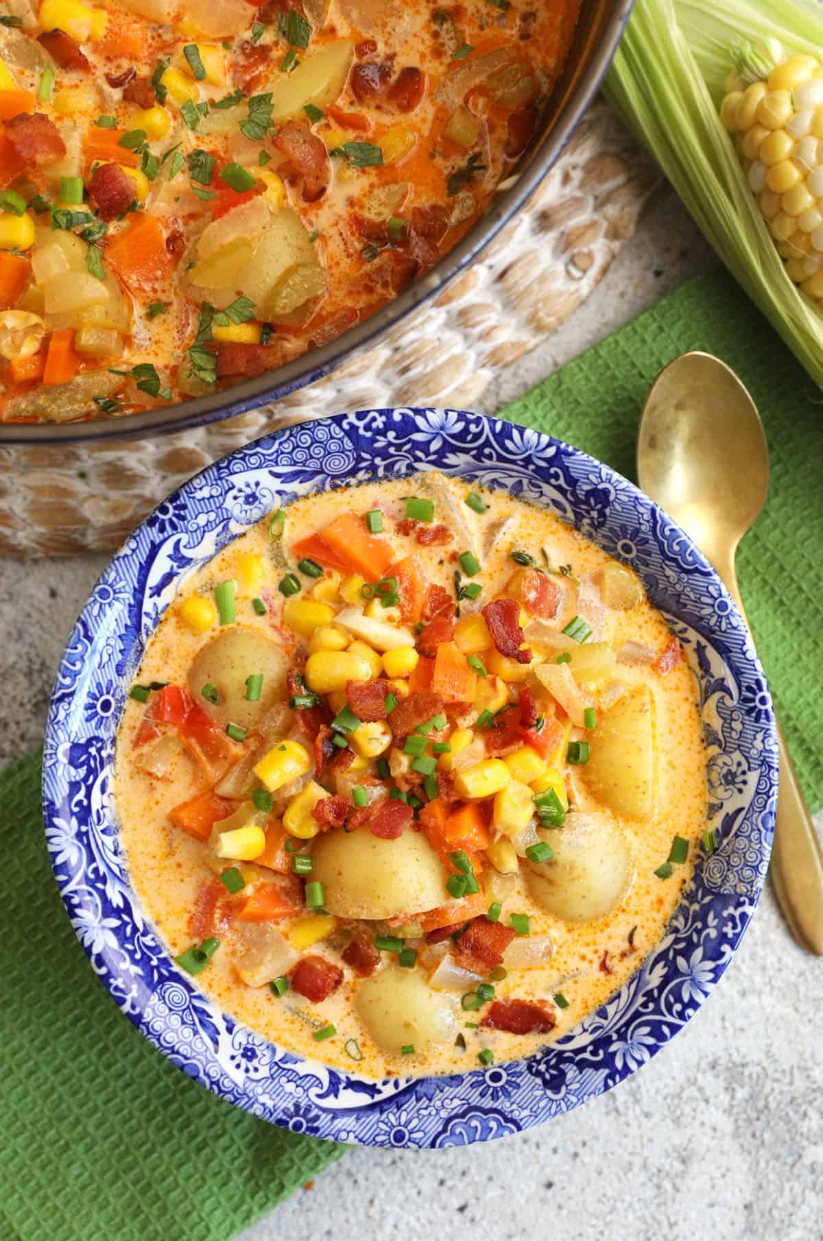 Overhead view of corn chowder in bowl