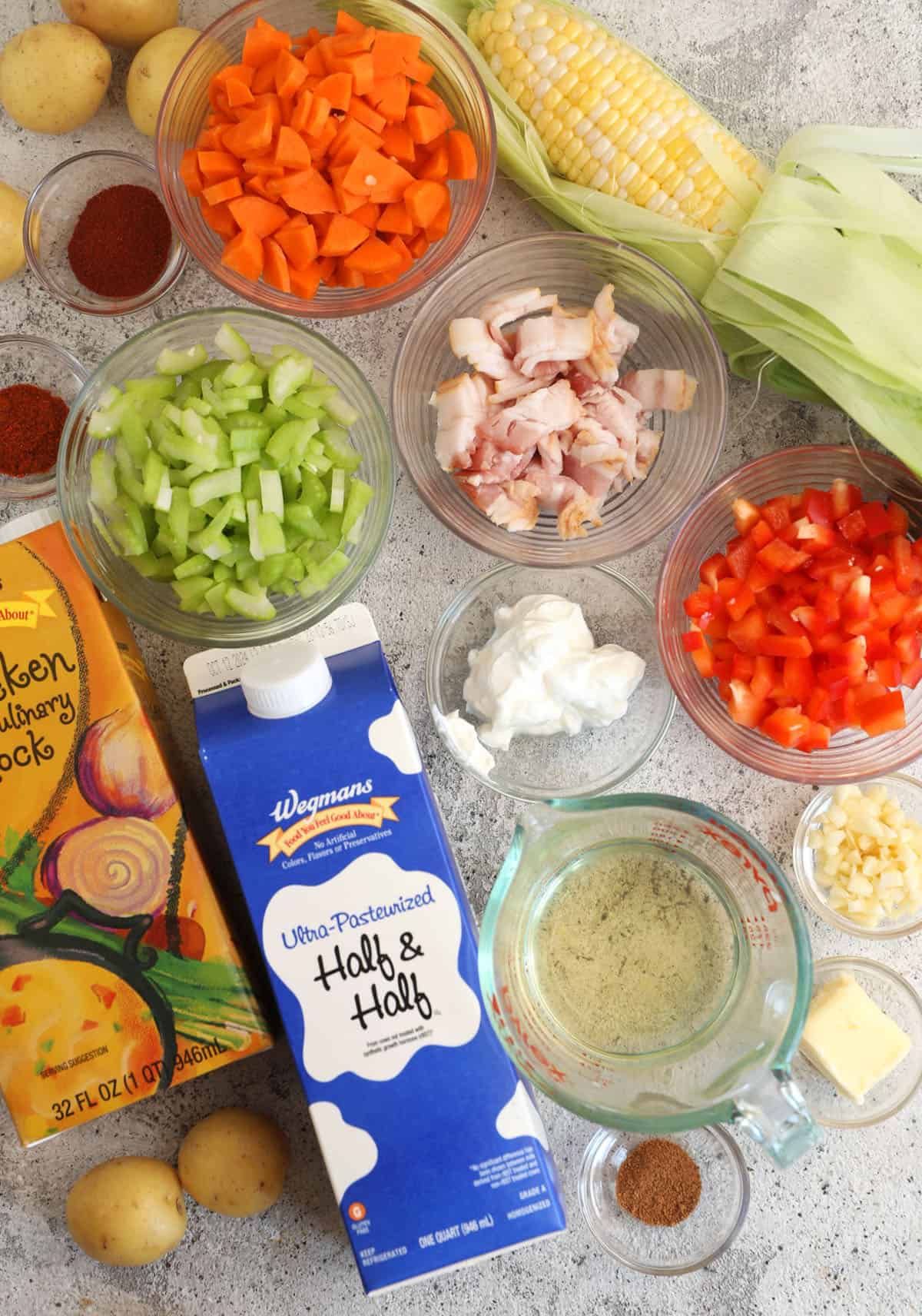 Overhead view of corn chowder ingredients