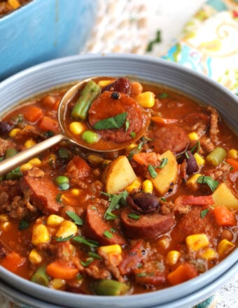 Bowl of cowboy stew with spoon