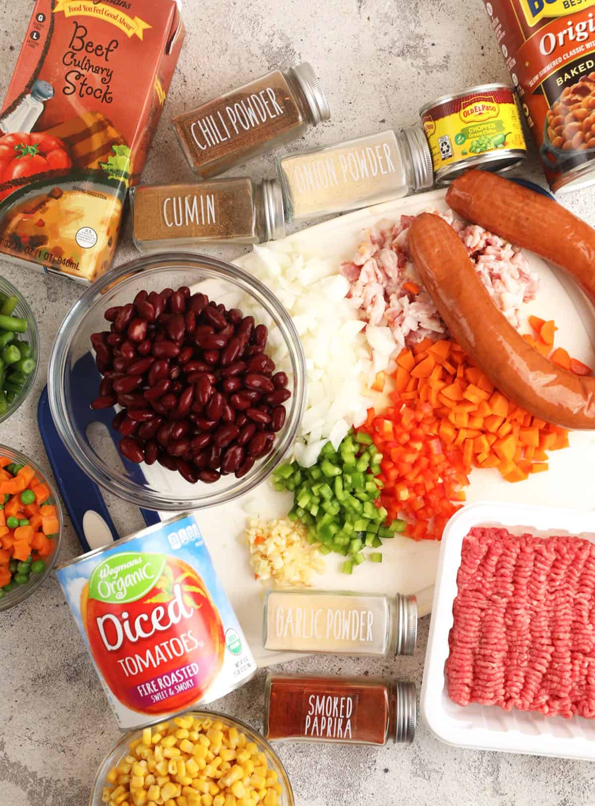 Overhead view of ingredients for cowboy stew