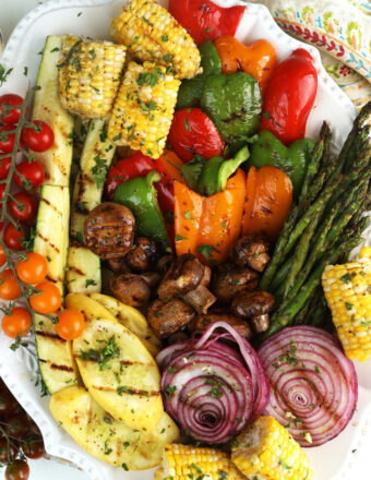 Overhead view of grilled vegetables on platter