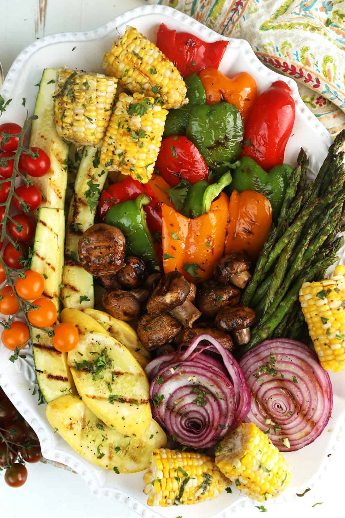 Overhead view of grilled vegetables on platter