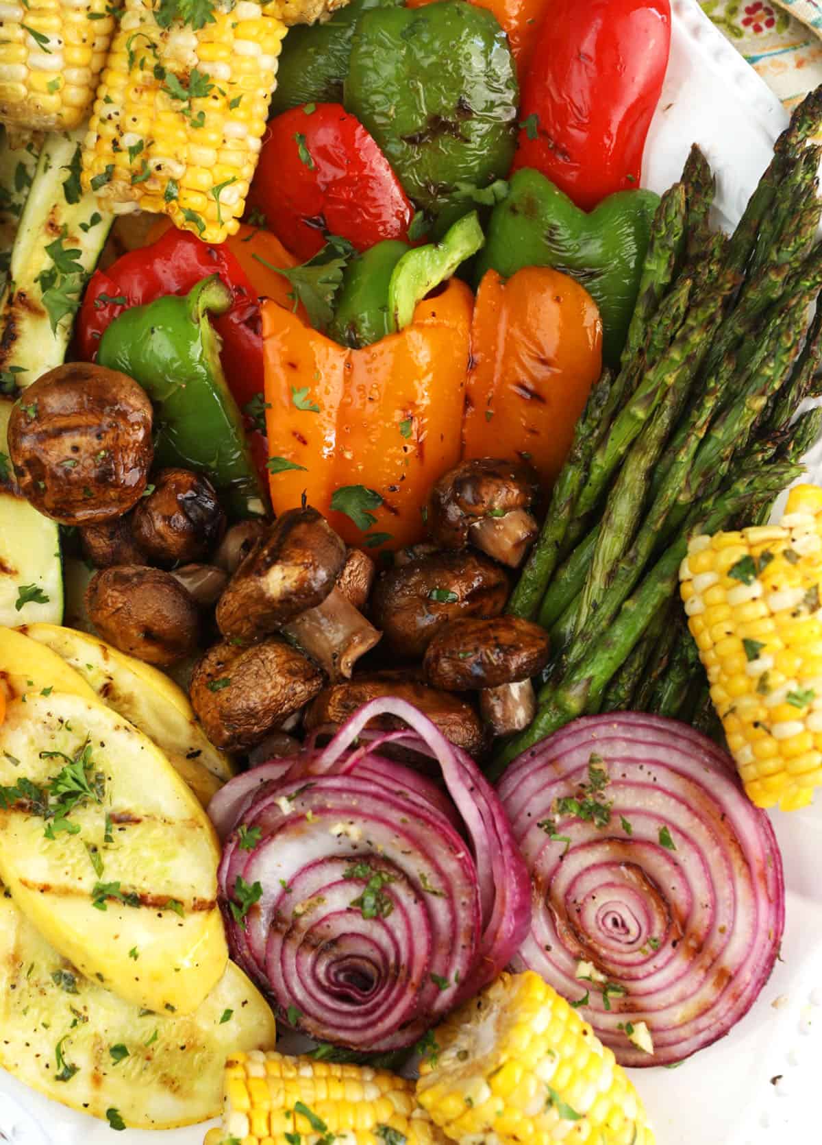 Overhead view of grilled vegetables on platter