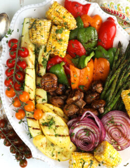 Overhead view of grilled vegetables on platter