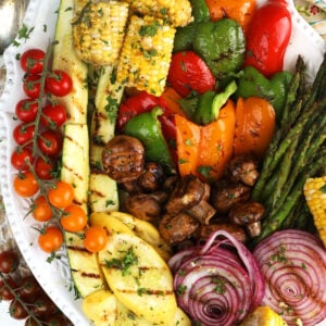 Overhead view of grilled vegetables on platter