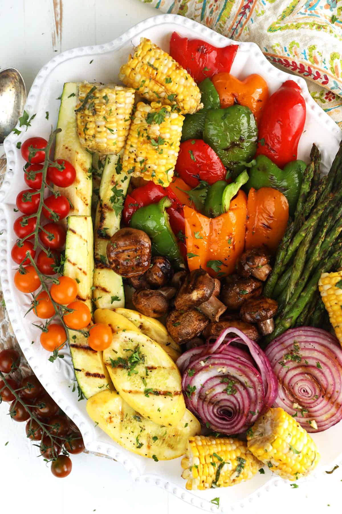 Overhead view of grilled vegetables on platter