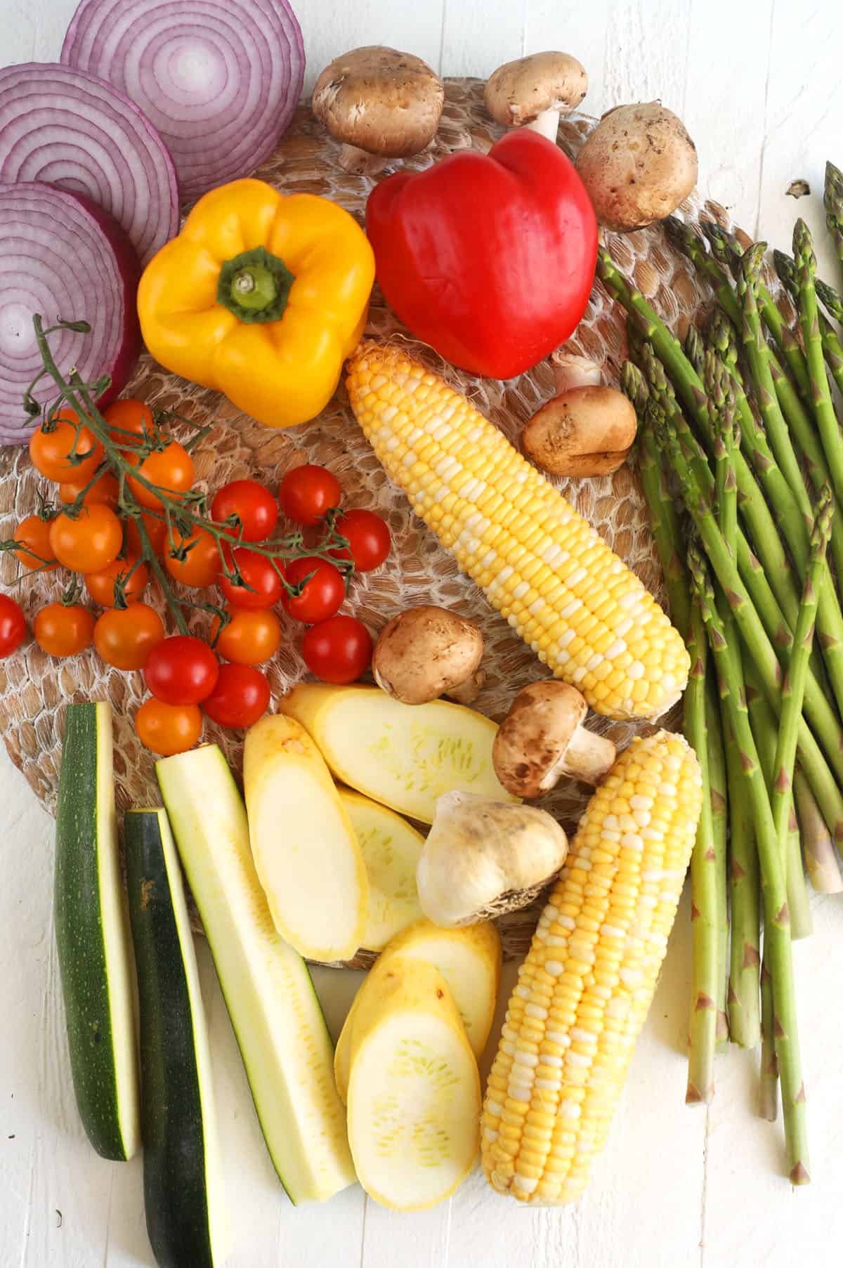 Overhead view of ingredients for grilled vegetables