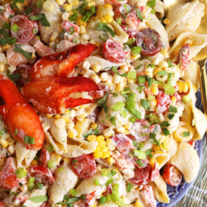 Lobster pasta salad in a large serving bowl