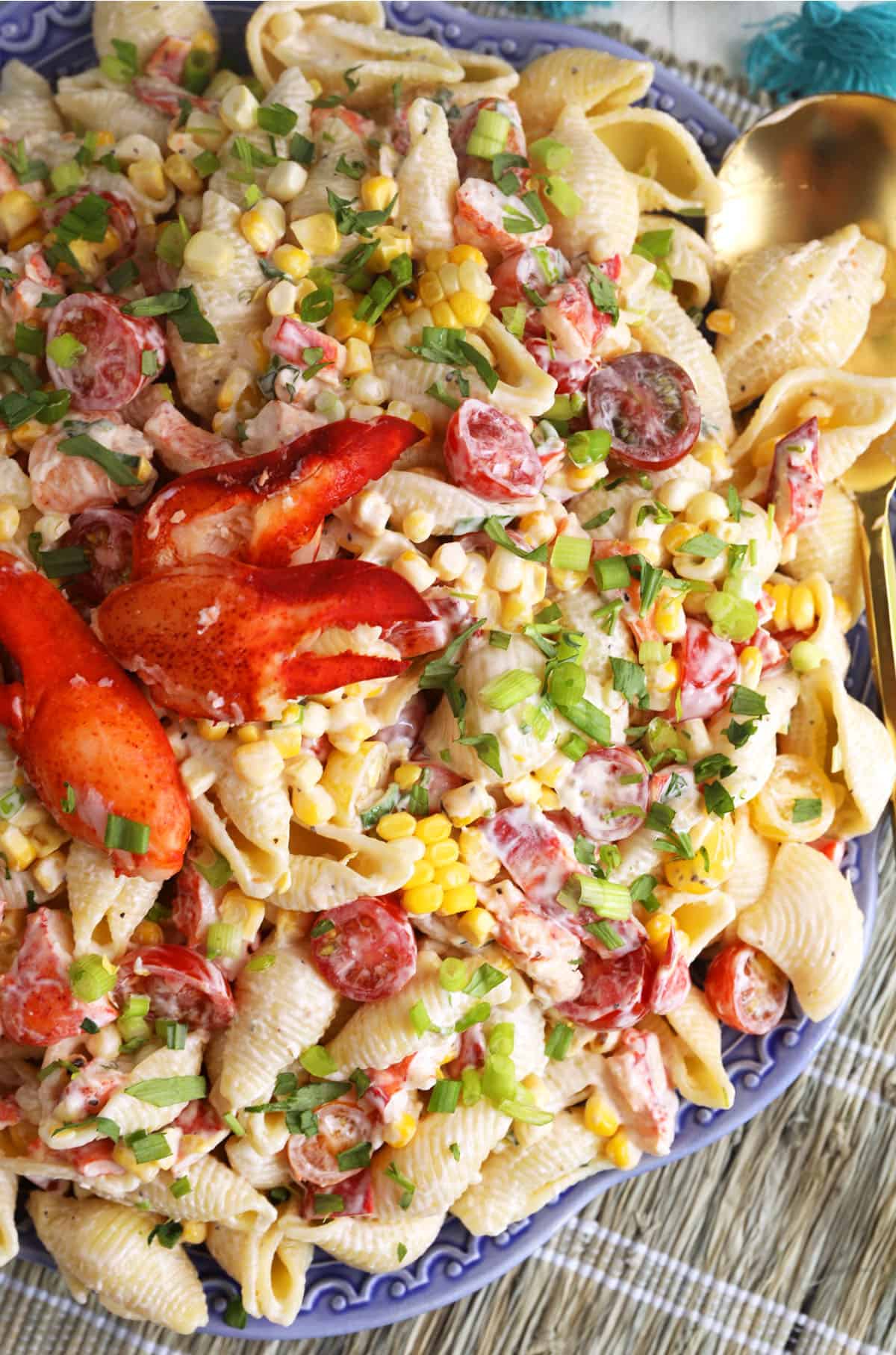 Lobster pasta salad in a large serving bowl