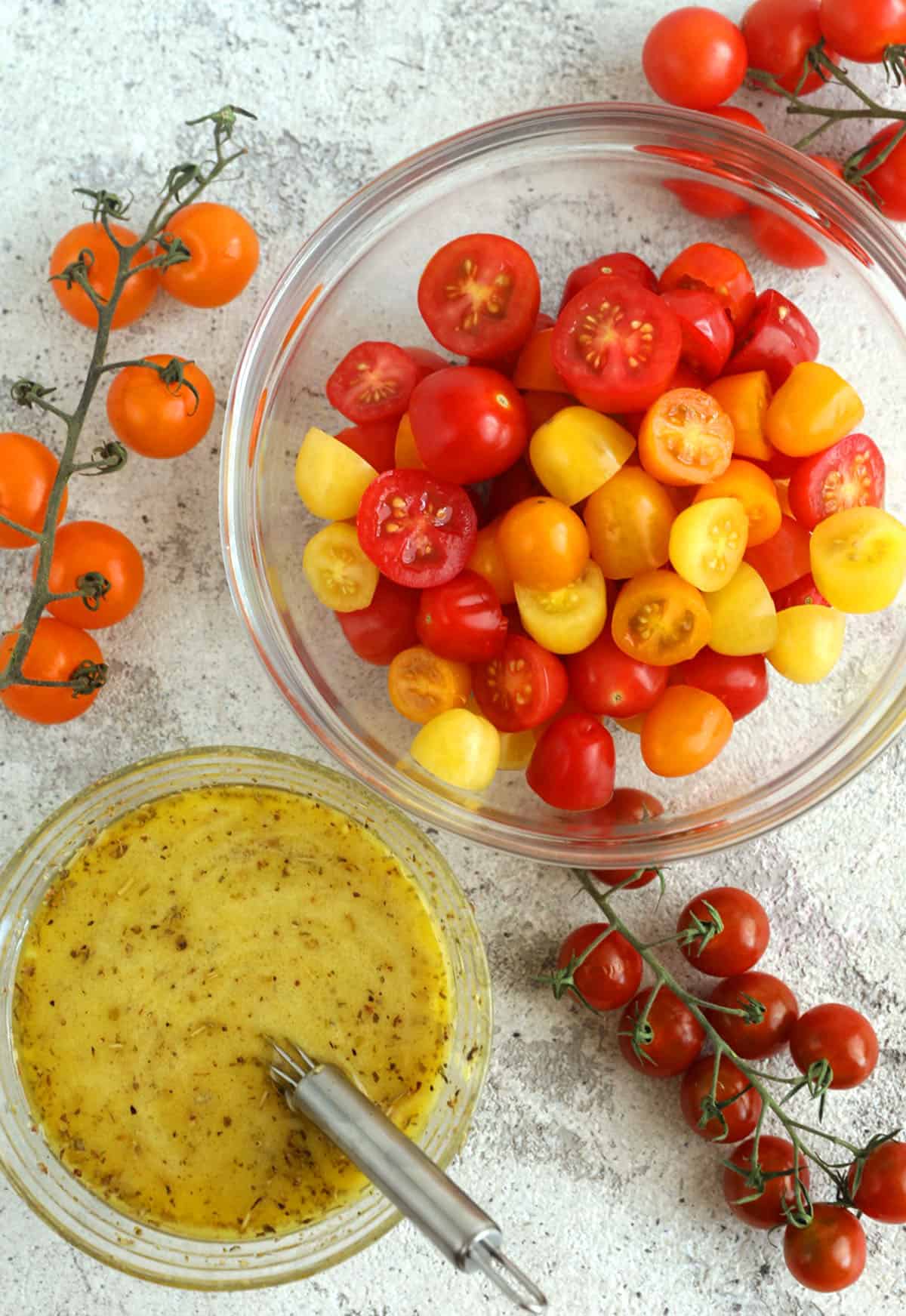 Overhead view of ingredients for marinated tomatoes