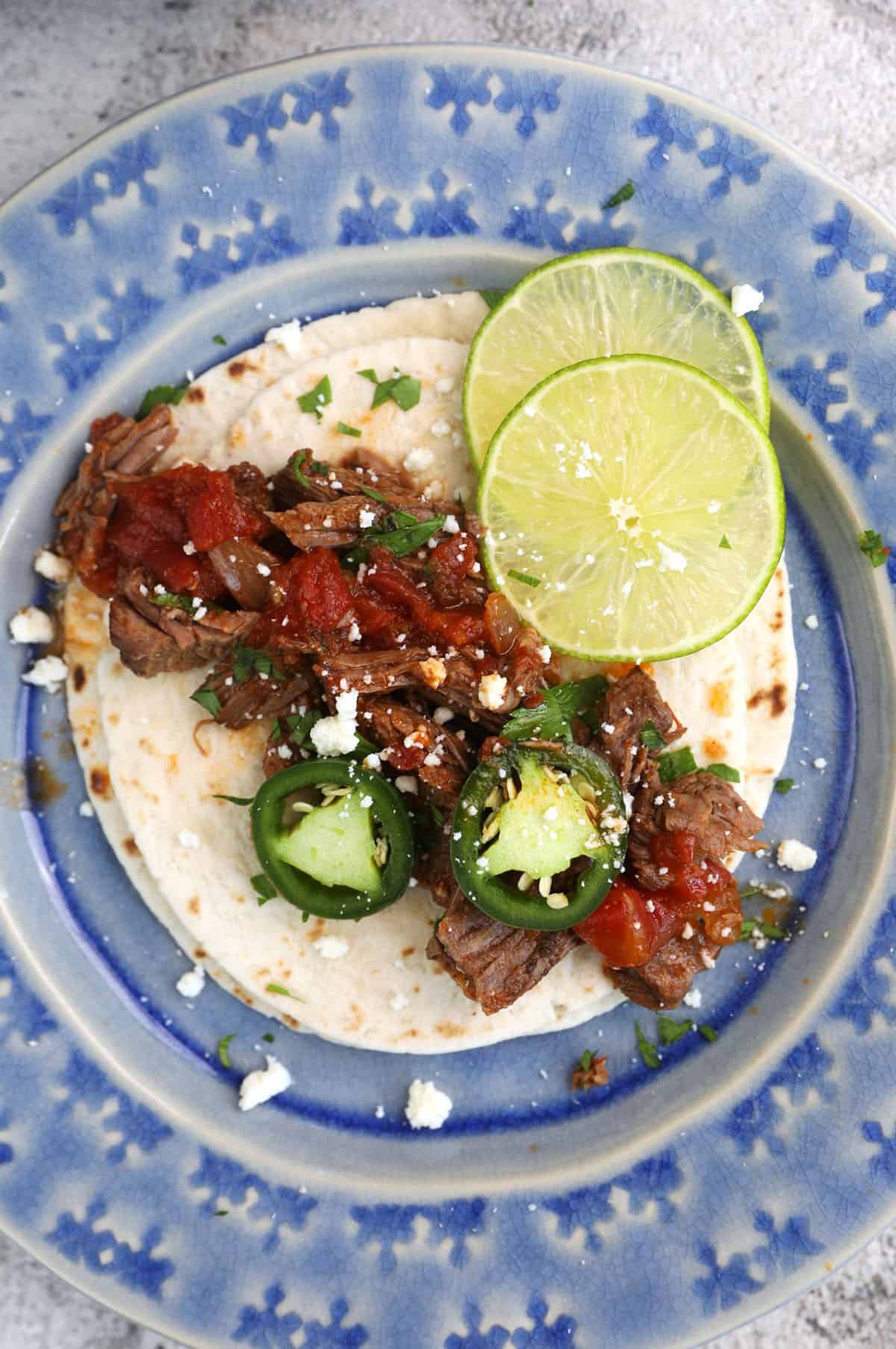 Overhead view of taco with Mexican shredded beef