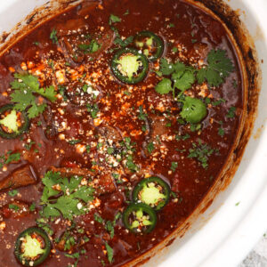 Overhead view of Mexican shredded beef in crockpot