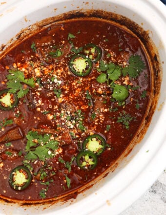 Overhead view of Mexican shredded beef in crockpot