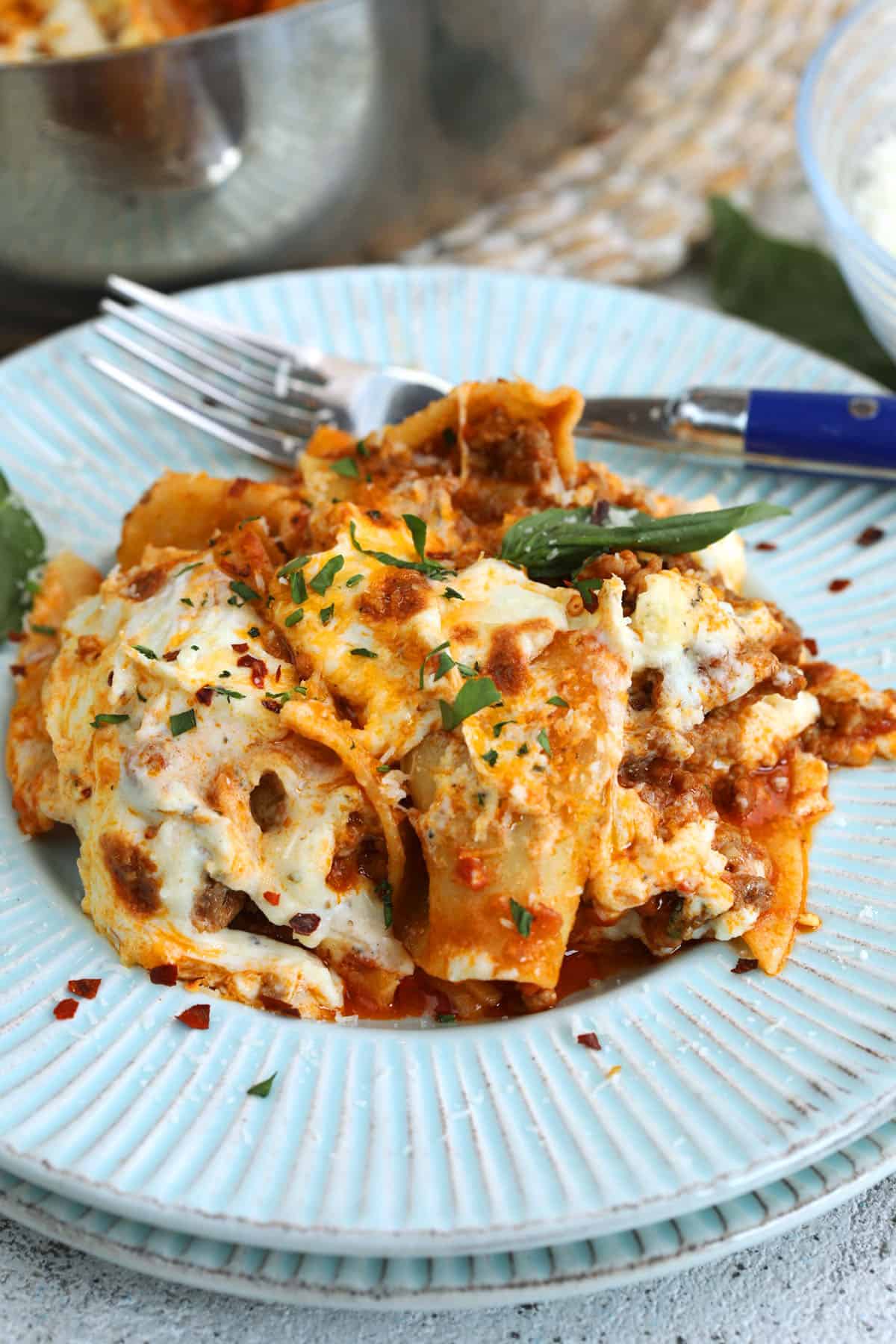 Plate of skillet lasagna with fork