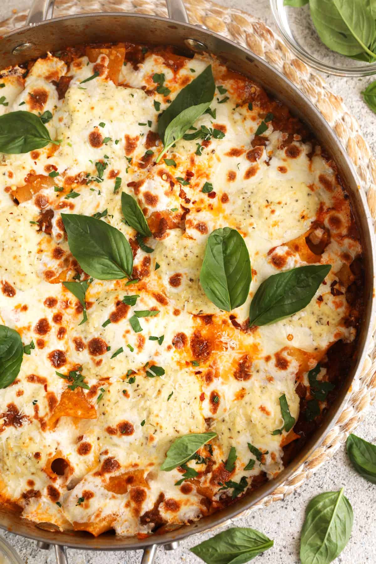 Overhead view of cheesy skillet lasagna