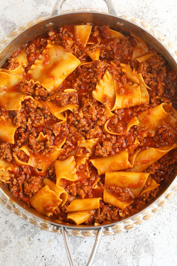 Skillet lasagna in the process of cooking