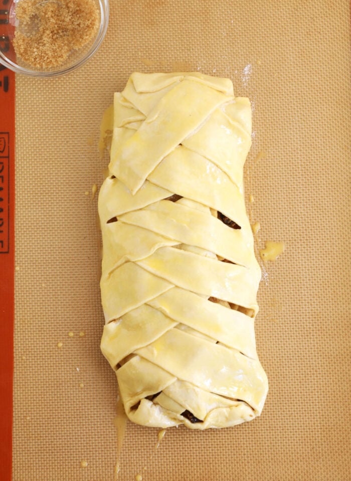 Overhead view of unbaked apple strudel