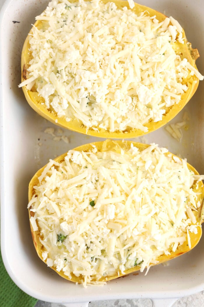 Overhead view of spaghetti squash alfredo in baking dish before baking