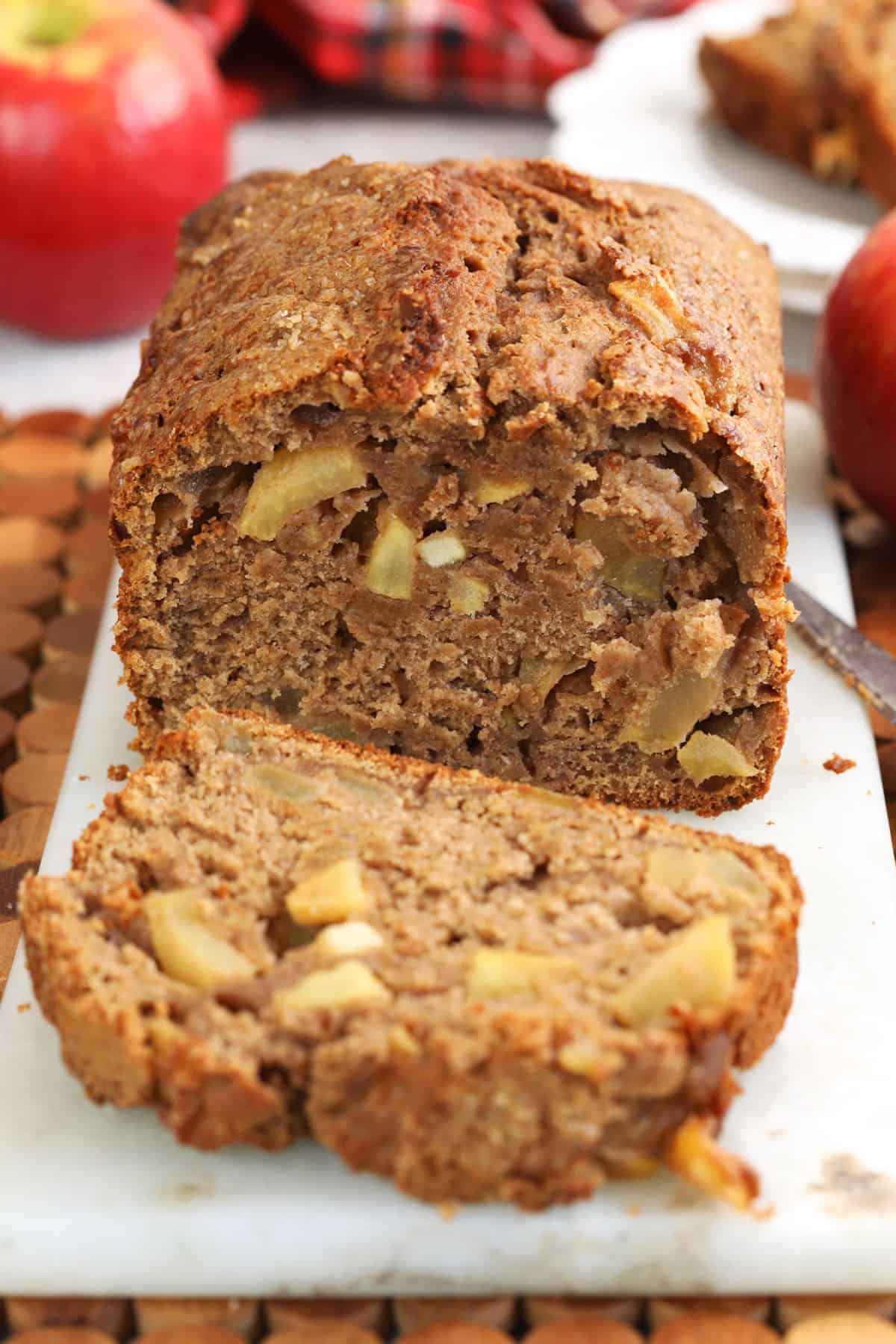 Sliced loaf of cinnamon apple bread