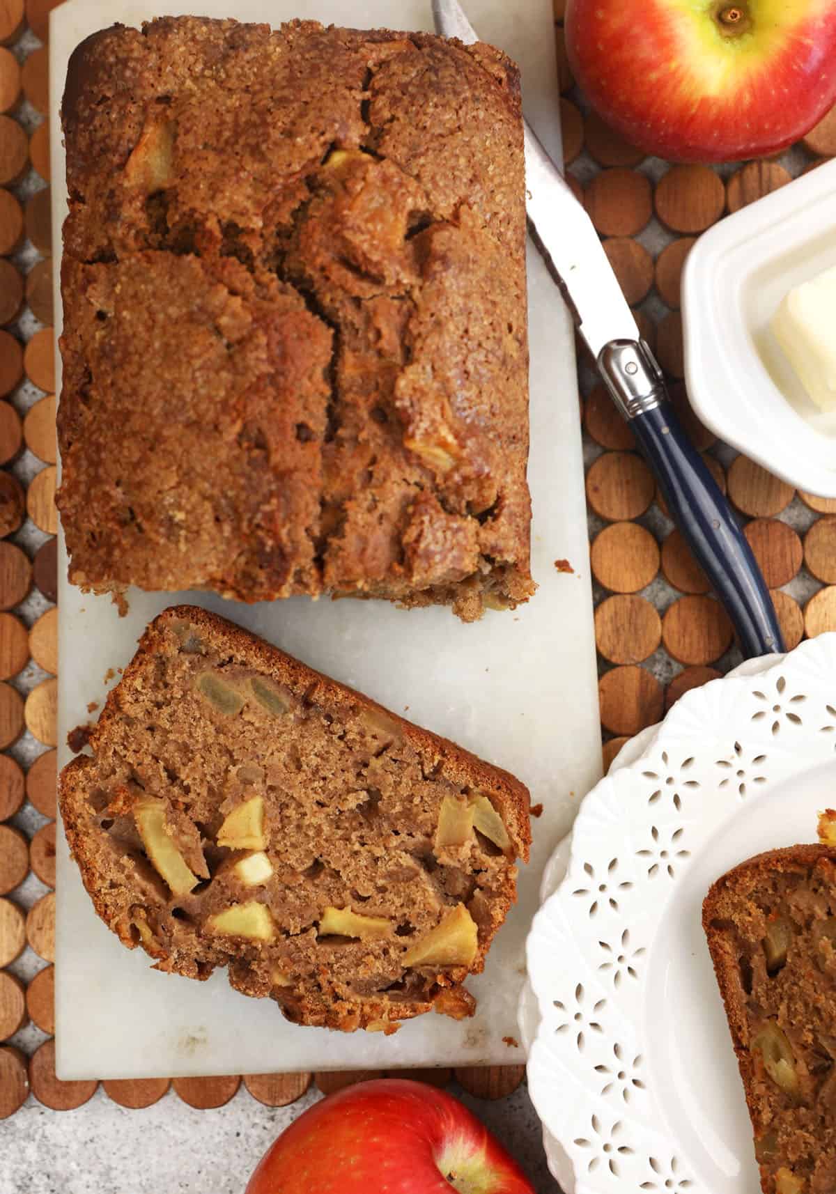 Loaf of cinnamon apple bread with slice cut from end