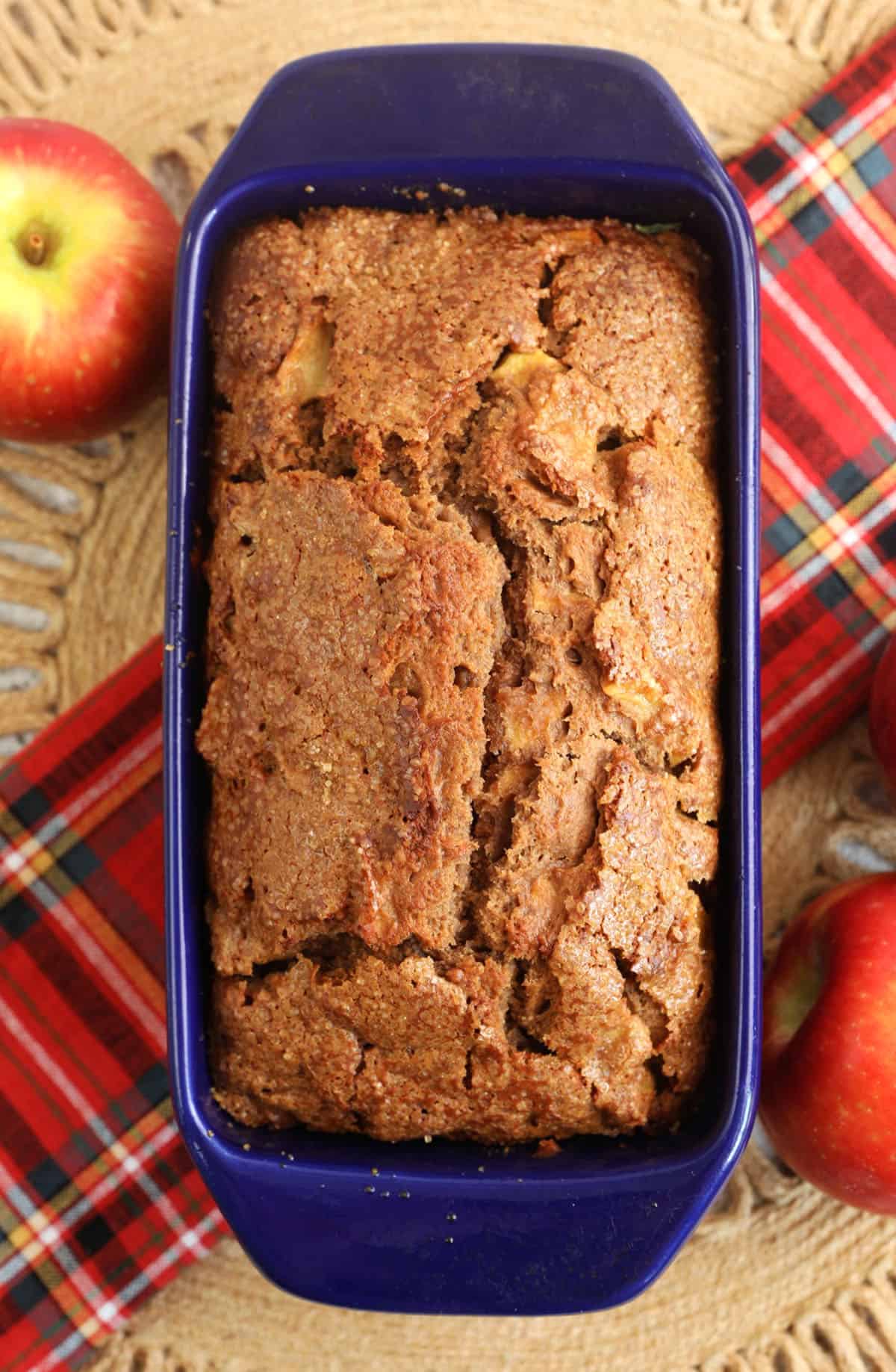 Overhead view of cinnamon apple bread in pan